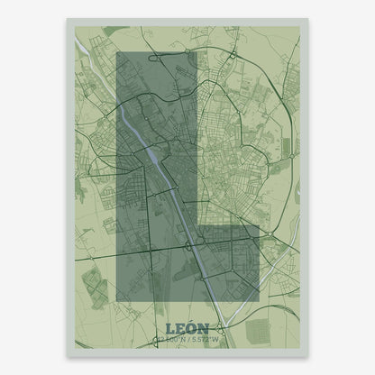 The map of Leon composed with letters in a heavy geometric font printed on two green tones