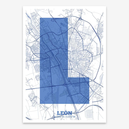 The map of Leon composed with letters in a heavy geometric font printed on navy blue and white