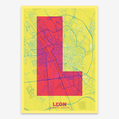 The map of Leon composed with letters in a heavy geometric font printed on yellow and fuchsia