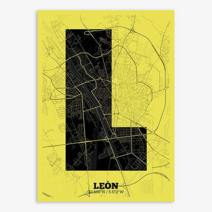 The map of Leon composed with letters in a heavy geometric font printed on black and yellow