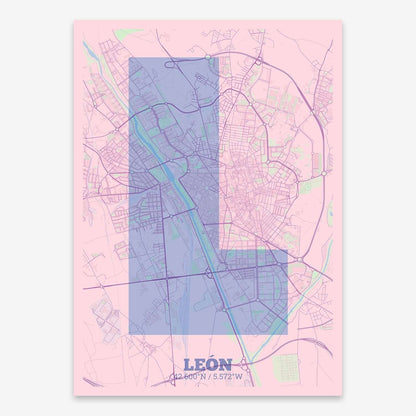 The map of Leon composed with letters in a heavy geometric font printed on pink and light blue