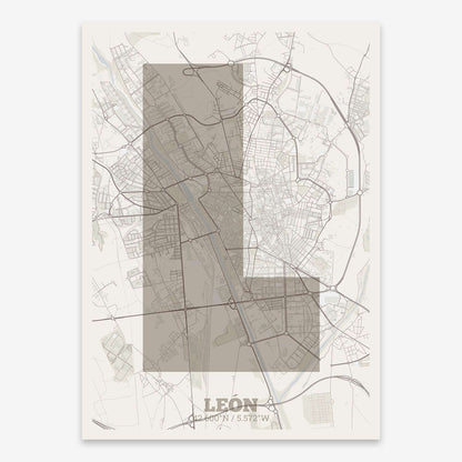 The map of Leon composed with letters in a heavy geometric font printed on light brown and an off-white background