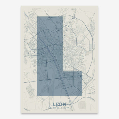 The map of Leon composed with letters in a heavy geometric font printed on bluish gray and an off-white background