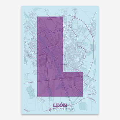 The map of Leon composed with letters in a heavy geometric font printed on purple and light blue