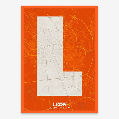 The map of Leon composed with letters in a heavy geometric font printed on orange and an off-white background