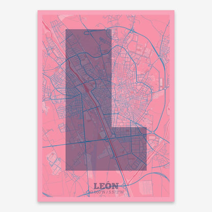 The map of Leon composed with letters in a heavy geometric font printed on violet y pink background