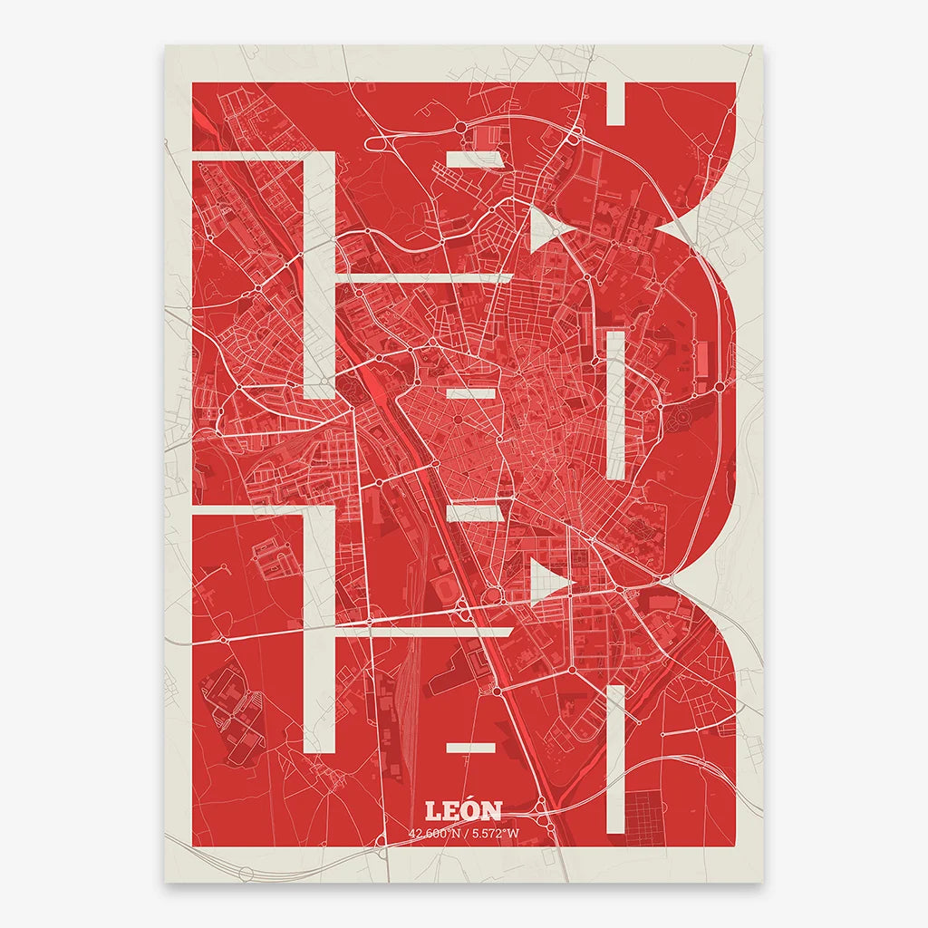 Poster of Leon composed with letters from its abbreviation or its airport IATA code printed on red and an off-white background