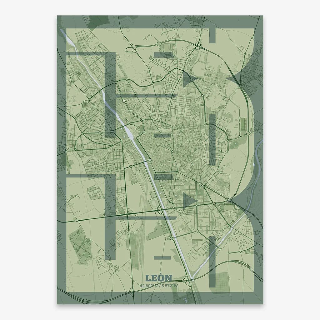 Poster of Leon composed with letters from its abbreviation or its airport IATA code printed on two green tones