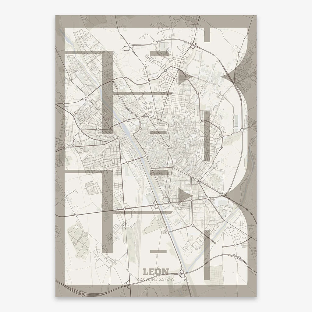 Poster of Leon composed with letters from its abbreviation or its airport IATA code printed on light brown and an off-white background