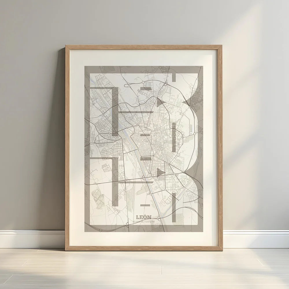 Framed Leon in Inseparable design, featuring the city's abbreviation in expressive typography over a detailed urban map designed in light brown and an off-white background with a white margin border in a warm lit minimalist setting