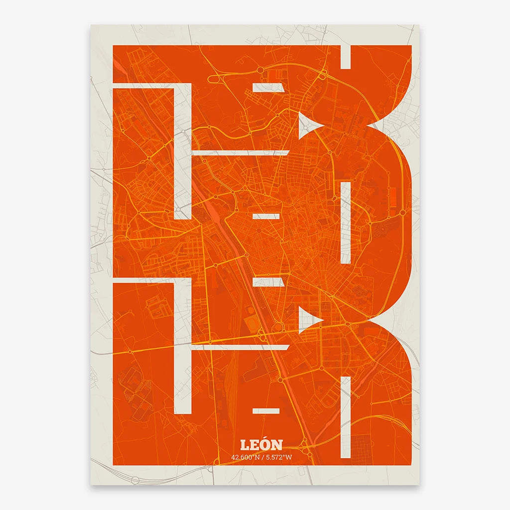 Poster of Leon composed with letters from its abbreviation or its airport IATA code printed on orange and an off-white background
