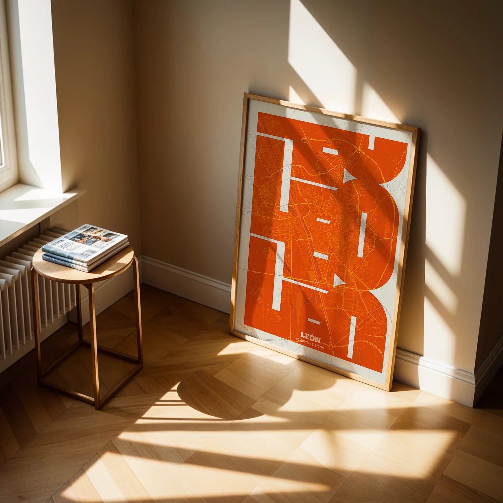 Modern interior design with a Leon in Inseparable design, featuring the city's abbreviation in expressive typography over a detailed urban map designed in orange and an off-white background, displayed on a living room wall