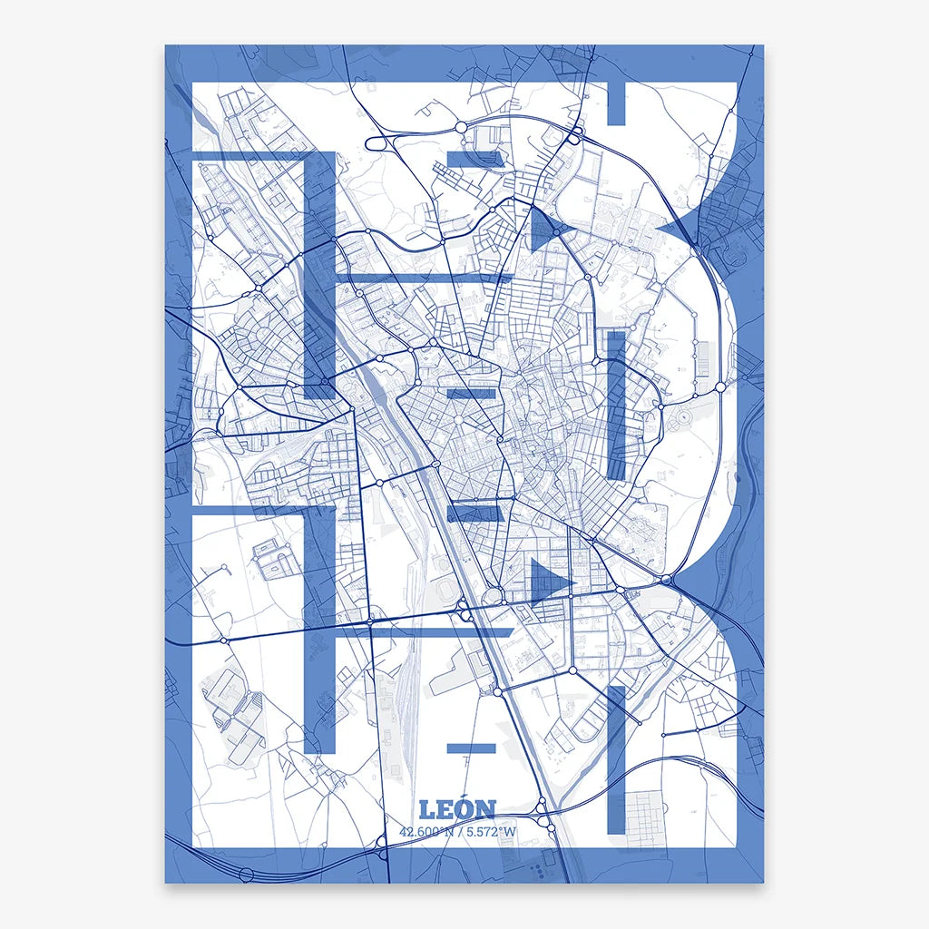 Poster of Leon composed with letters from its abbreviation or its airport IATA code printed on navy blue and white