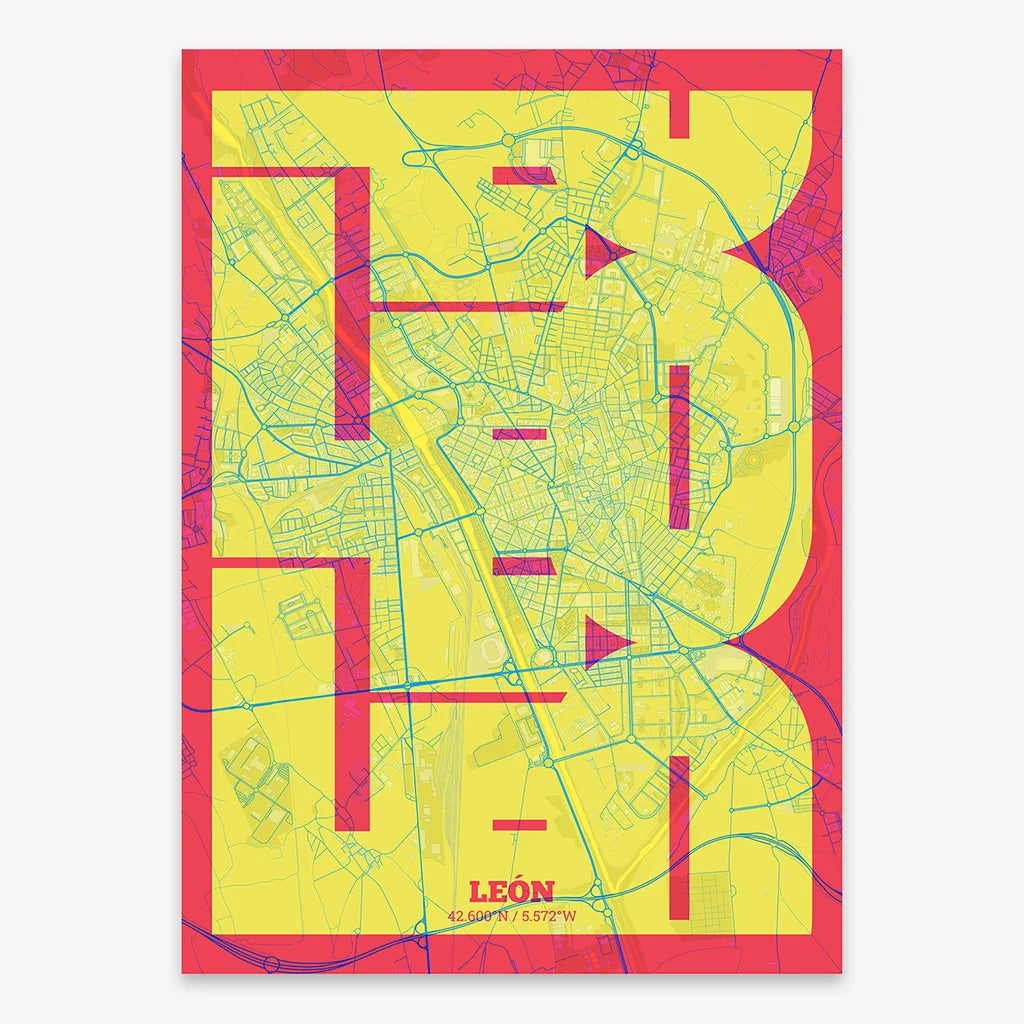 Poster of Leon composed with letters from its abbreviation or its airport IATA code printed on yellow and fuchsia