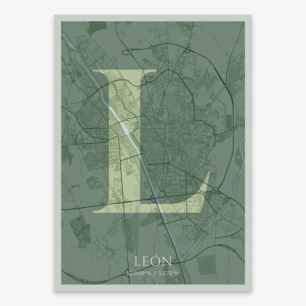 Decorative map of Leon composed with letters in serif font printed on two green tones