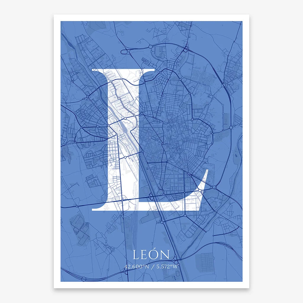 Decorative map of Leon composed with letters in serif font printed on navy blue and white