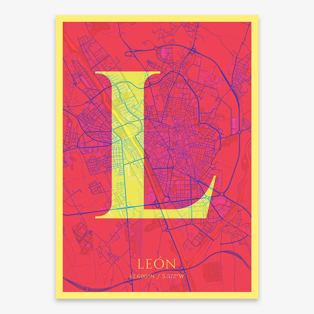 Decorative map of Leon composed with letters in serif font printed on yellow and fuchsia