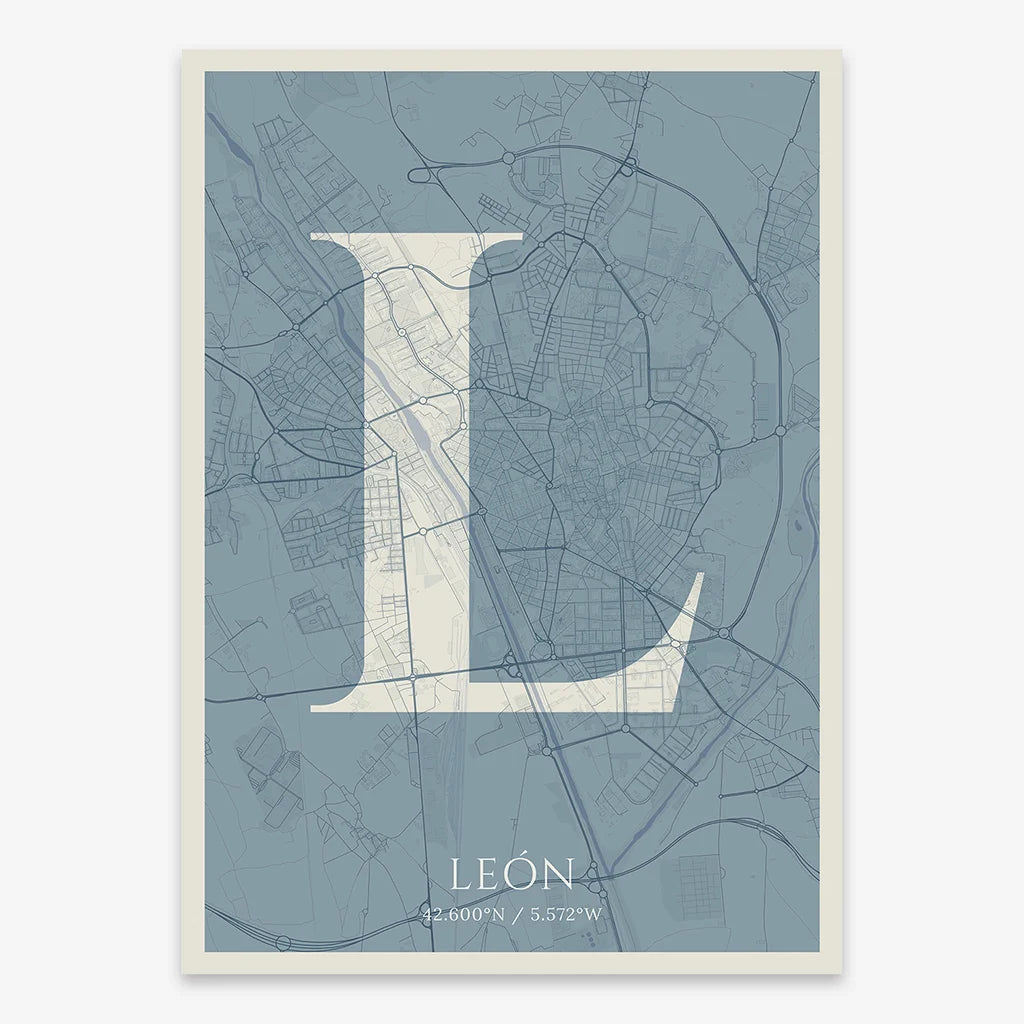 Decorative map of Leon composed with letters in serif font printed on bluish gray and an off-white background