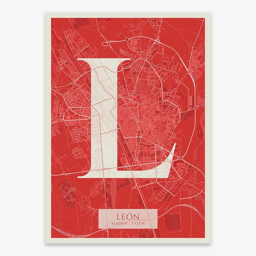 Decorative map of Leon composed with letters in serif font printed on red and an off-white background