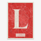 Decorative map of Leon composed with letters in serif font printed on red and an off-white background