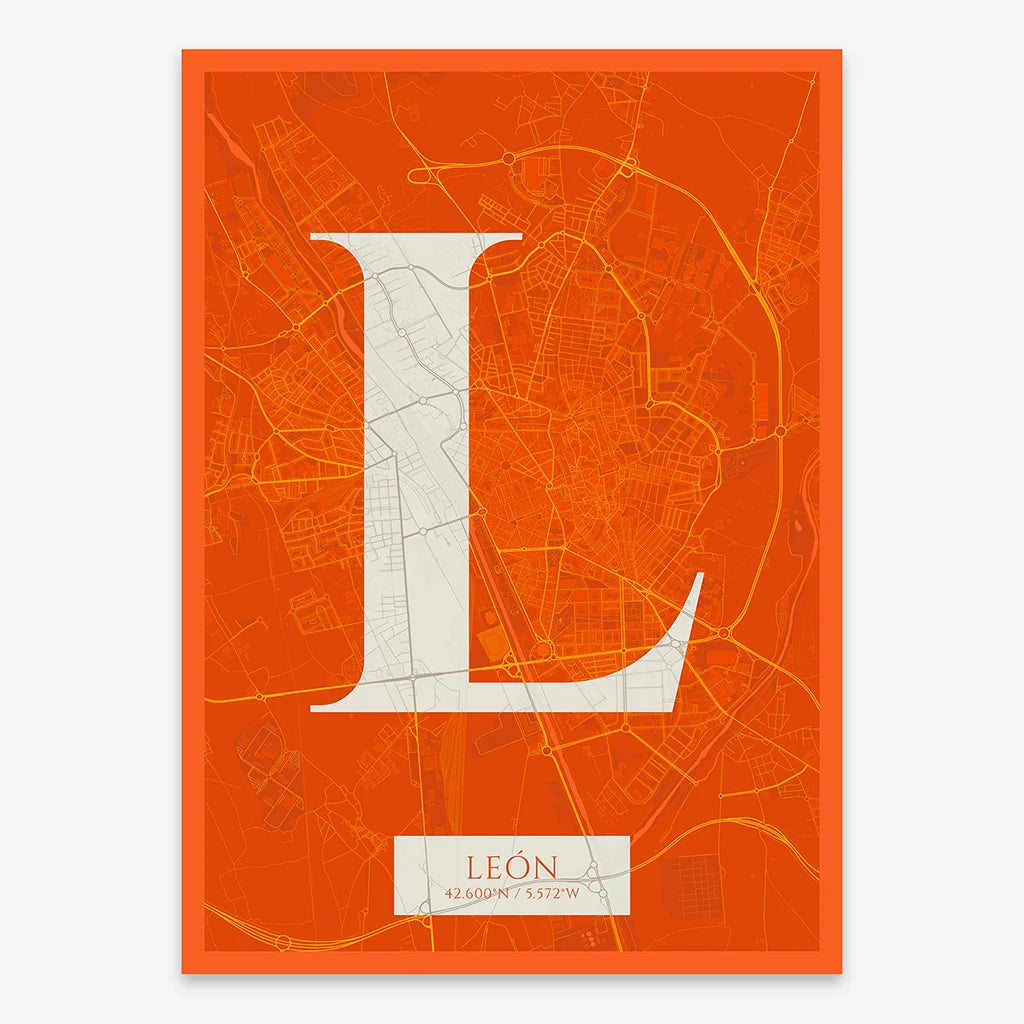 Decorative map of Leon composed with letters in serif font printed on orange and an off-white background