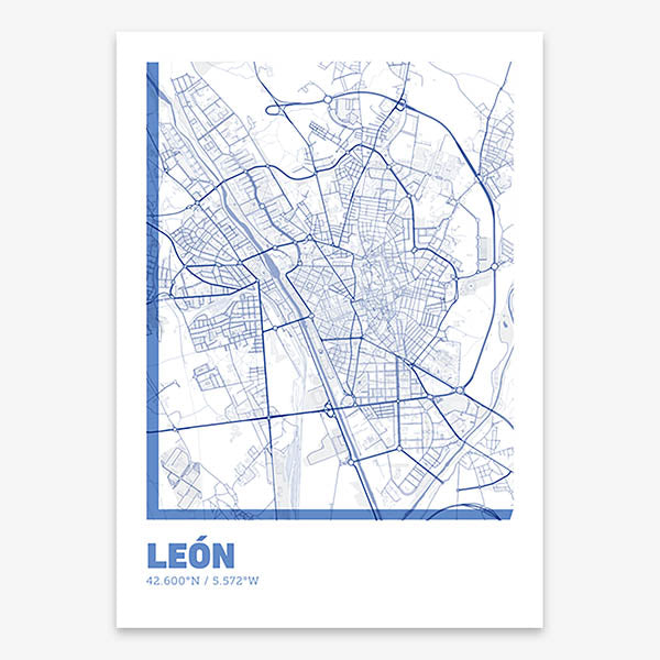 Poster of Leon composed with letters in extra light font printed on navy blue and white