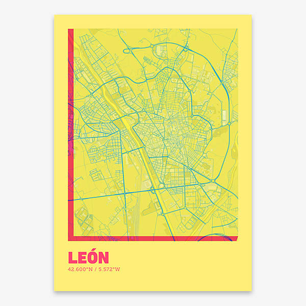 Poster of Leon composed with letters in extra light font printed on yellow and fuchsia