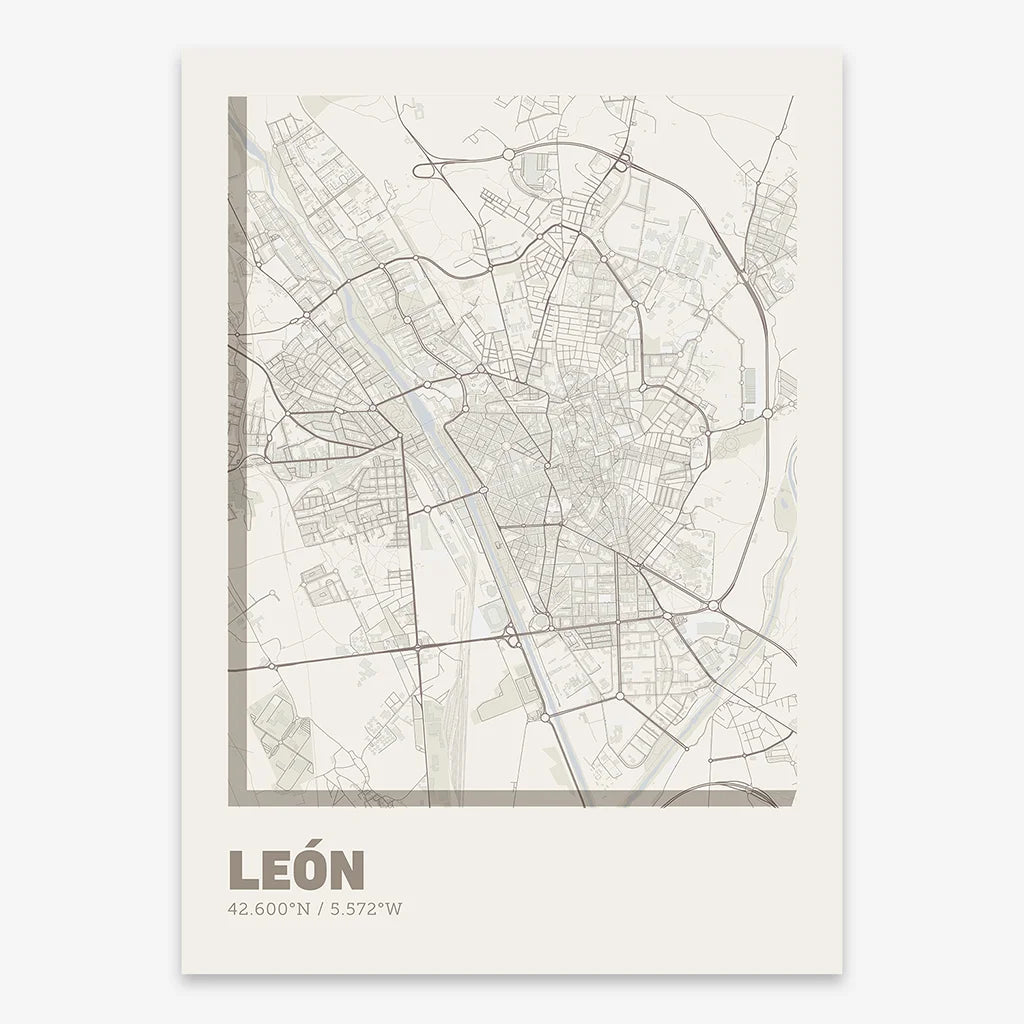 Poster of Leon composed with letters in extra light font printed on light brown and an off-white background