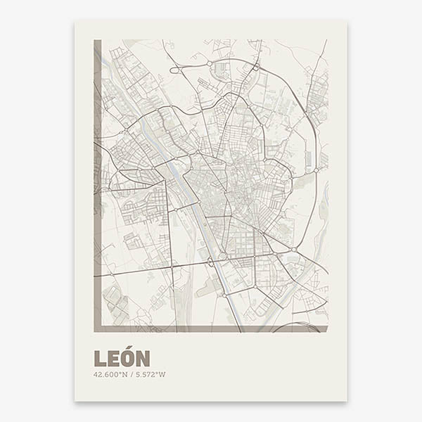 Poster of Leon composed with letters in extra light font printed on light brown and an off-white background