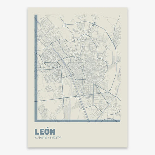Mapa de León en el diseño la Ultrafina, una estética minimalista que combina cartografía urbana con letras modernas, finas y elegantes diseñado en gris azulado y fondo blanco roto