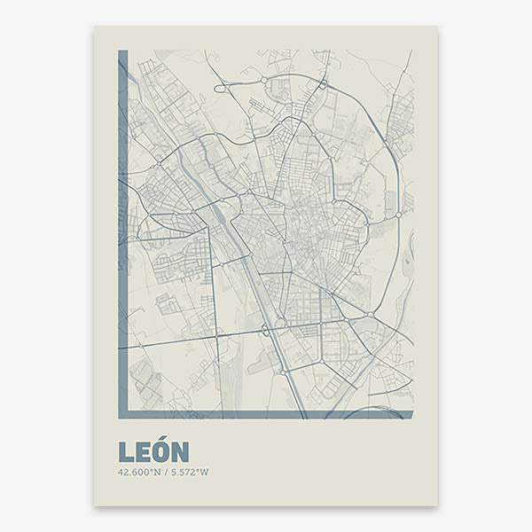 Poster of Leon composed with letters in extra light font printed on bluish gray and an off-white background