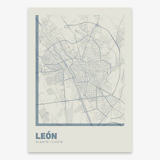 Poster of Leon composed with letters in extra light font printed on bluish gray and an off-white background