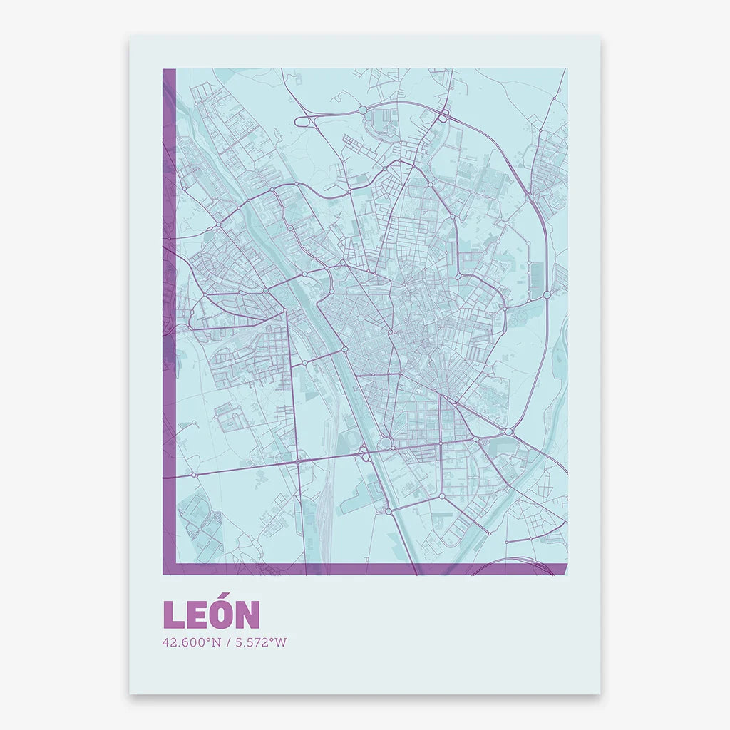 Poster of Leon composed with letters in extra light font printed on purple and light blue