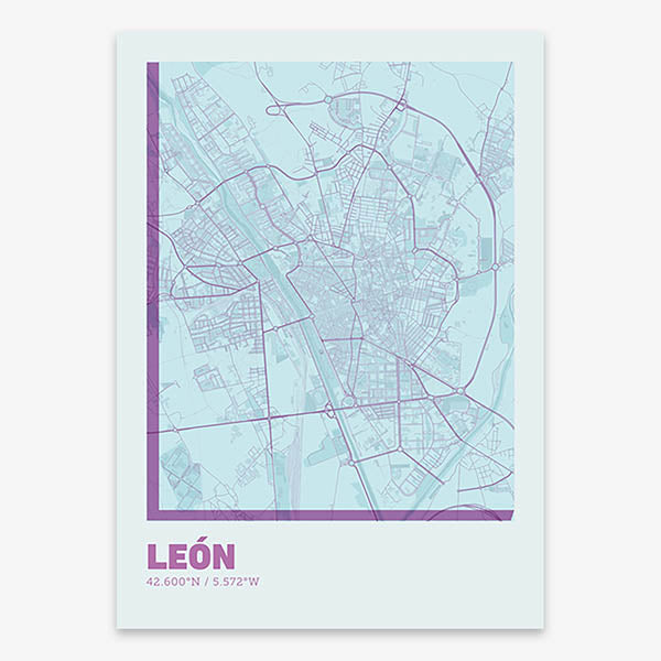 Poster of Leon composed with letters in extra light font printed on purple and light blue