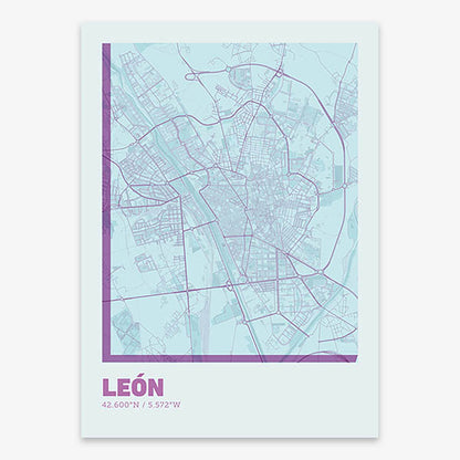 Poster of Leon composed with letters in extra light font printed on purple and light blue