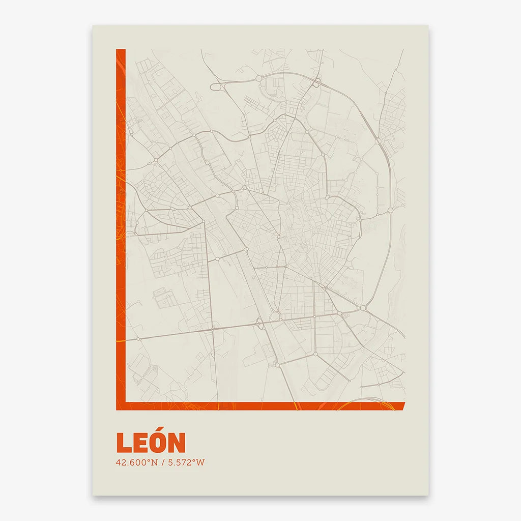 Poster of Leon composed with letters in extra light font printed on orange and an off-white background