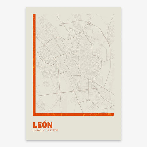 Mapa de León en el diseño la Ultrafina, una estética minimalista que combina cartografía urbana con letras modernas, finas y elegantes diseñado en naranja y fondo blanco roto