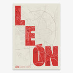 Decorative print of Leon with letters of its name placed randomly, designed in red and an off-white background