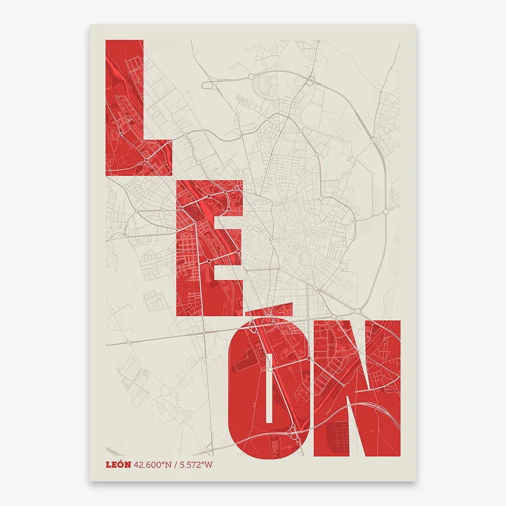 Decorative print of Leon with letters of its name placed randomly, designed in red and an off-white background