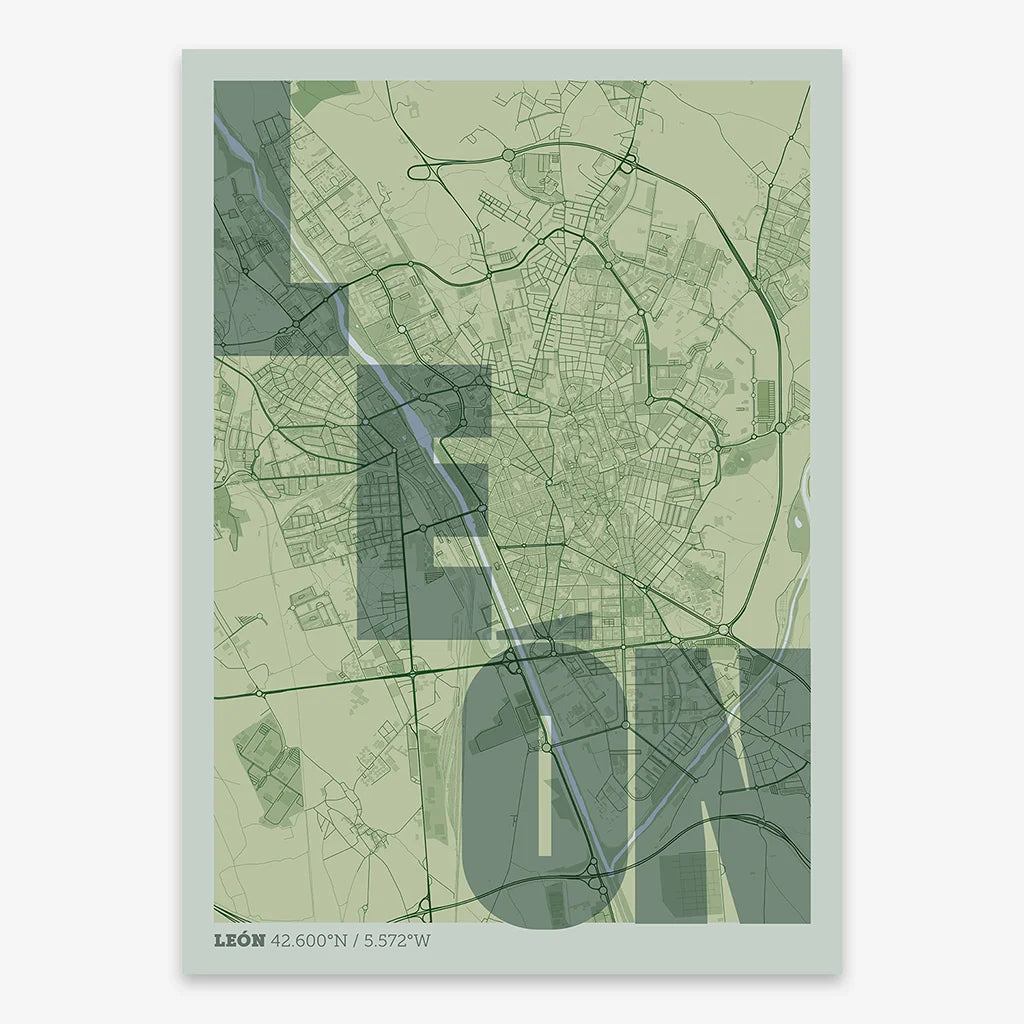 Decorative print of Leon with letters of its name placed randomly, designed in two green tones