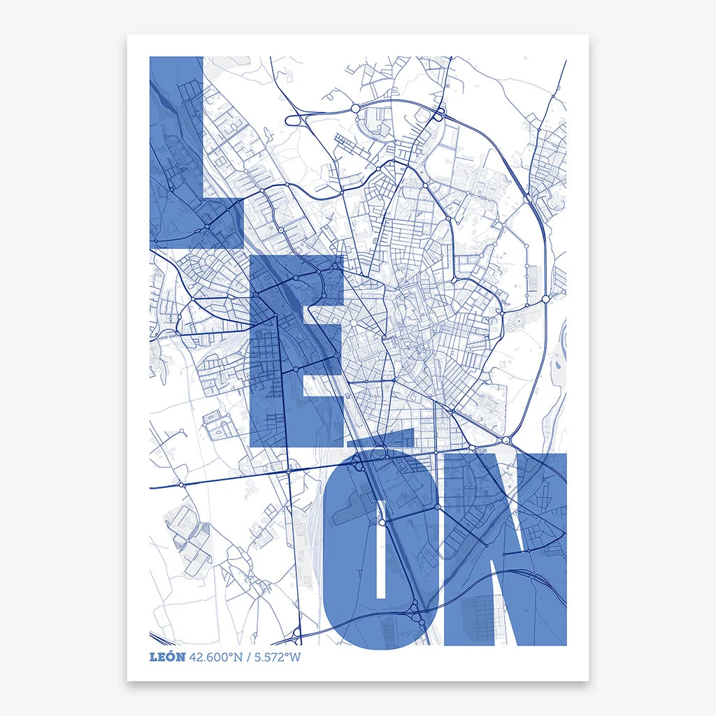 Decorative print of Leon with letters of its name placed randomly, designed in navy blue and white