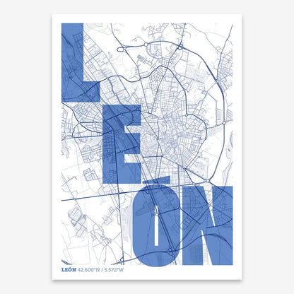 The map of Leon with letters of its name placed randomly, designed in navy blue and white