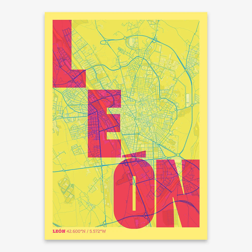 Decorative print of Leon with letters of its name placed randomly, designed in yellow and fuchsia