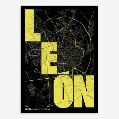 The map of Leon with letters of its name placed randomly, designed in black and yellow