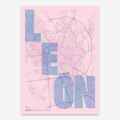 The map of Leon with letters of its name placed randomly, designed in pink and light blue