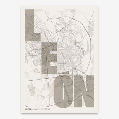 The map of Leon with letters of its name placed randomly, designed in light brown and an off-white background