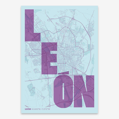 The map of Leon with letters of its name placed randomly, designed in purple and light blue