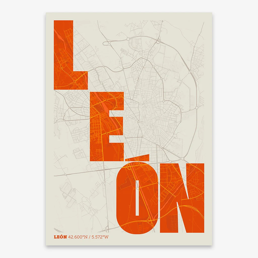 Decorative print of Leon with letters of its name placed randomly, designed in orange and an off-white background