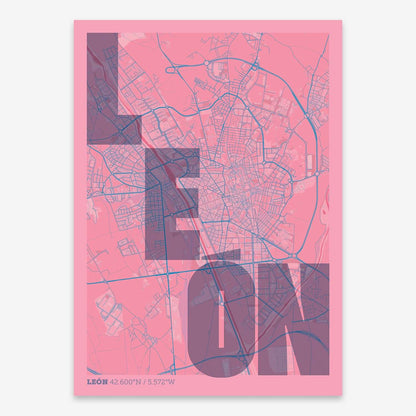 The map of Leon with letters of its name placed randomly, designed in violet y pink background