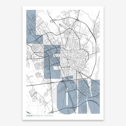 The map of Leon with letters of its name placed randomly, designed in black and white